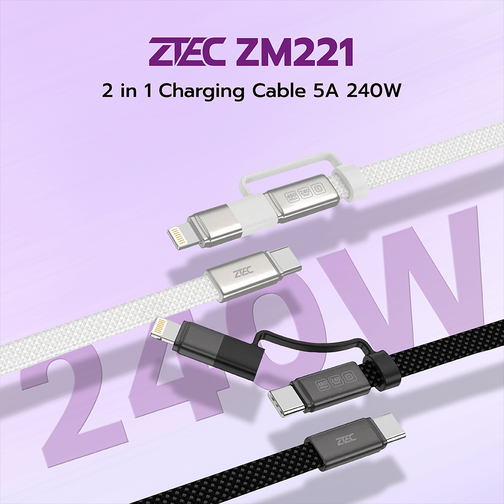 สายชาร์จไนลอนถัก ZTEC ZM221 2 IN 1 สีดำ รองรับชาร์จเร็ว 5A 240W USB-C TO USB-C & LIGHTNING ความยาว 1.2 เมตร